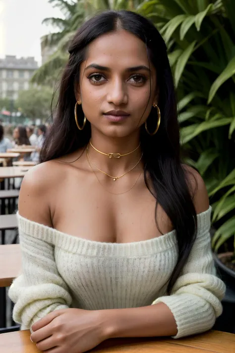 amitaS1 piercing eyes, looking straight, very happy,long hair, wearing an off-shoulder sweater, choker, closeup portrait, in a outdoor cafe in 2015, afternoon light