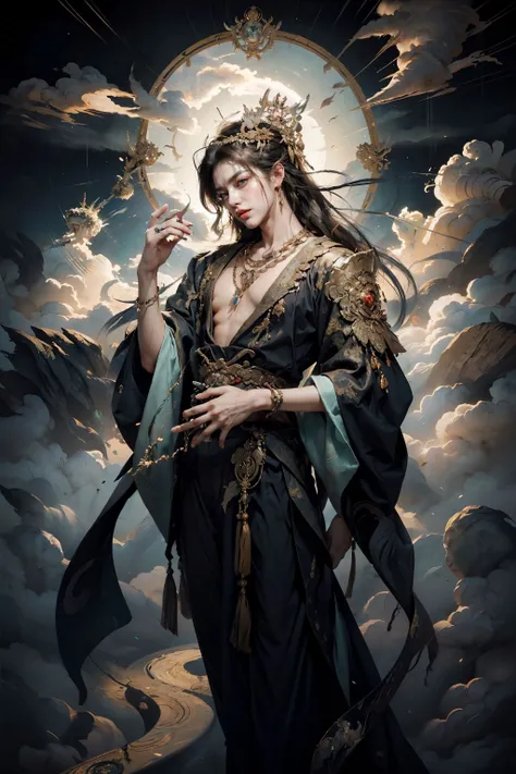 HDR,UHD,8K, best quality, masterpiece, Highly detailed, Studio lighting, physically-based rendering, 1boy, solo,
aicient chinese clothes, god male, flying, cloud, long hair, black hair,
Detailed head ornament, emerald necklace, (black costume),
<lora:add_detail:0.3> <lora:MaleGod:0.6>
