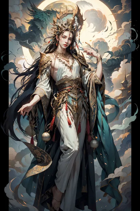 HDR,UHD,8K, best quality, masterpiece, Highly detailed, Studio lighting, physically-based rendering, 1boy, solo,
aicient chinese clothes, god male, flying, cloud, long hair, black hair, the big moon,
Detailed head ornament, emerald necklace, (white costume), gloss skin, manly, 
<lora:add_detail:0.3> <lora:MaleGod:0.6>