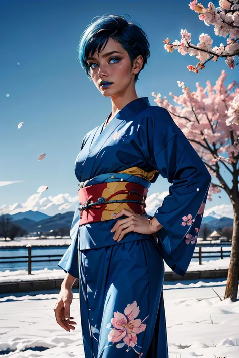 frost, blue eyes, blue lipstick, pixie cut hair, wearing a short blue kimono, floral print, long sleeves, looking at viewer, serious,
standing, hands on hips, outside, cherry blossom, field, snow, snowing, overcast, extreme detail, masterpiece, <lora:Kimono_V20:.6> <lora:xFrost:.7>