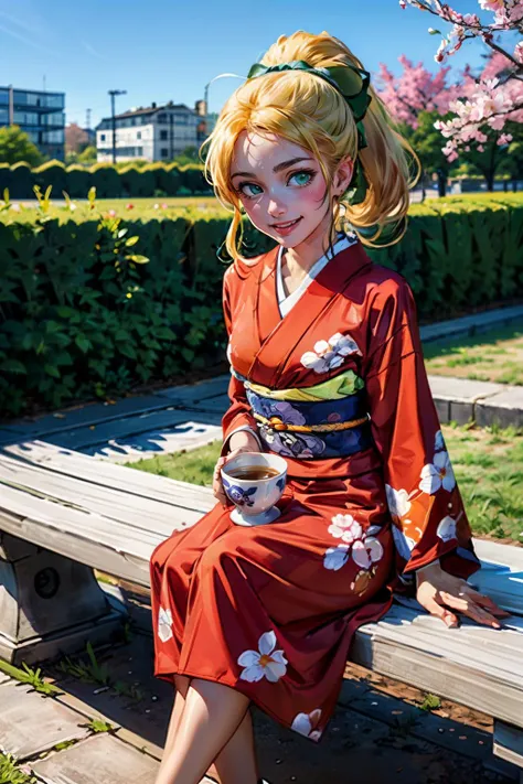 roll, blonde hair, ponytail, green eyes, wearing a red kimono, floral print, looking at viewer, smiling,
sitting, on bench, holding a tea cup, outside, garden, cherry blossom, blue sky, extreme detail, masterpiece, <lora:Kimono_V20:.6> <lora:megaman_roll_dblora_01:.8>