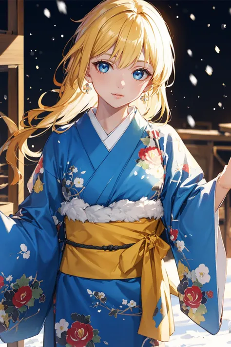 ((masterpiece)), (best quality), official art, extremely detailed CG, unity 8k wallpaper, ultra detailed, highly detailed, detailed background, vivid color, photorealistic, perfect lighting, best illumination,
1 girl, european girl, blue eyes, blonde hair,
yellow kimono, japanese clothes, floral print, long sleeves, cinematic lighting, beautiful eyes, perfect face, cute, dynamic pose, snow,
<lora:new_hefu_:0.6>