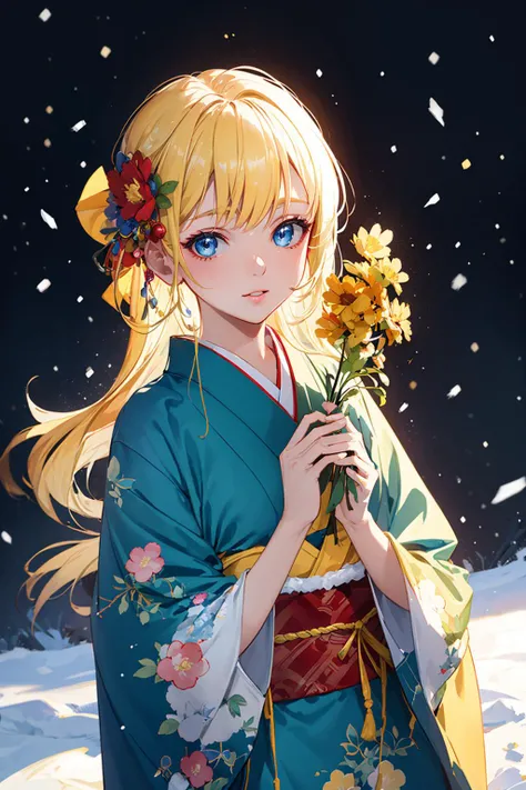 ((masterpiece)), (best quality), official art, extremely detailed CG, unity 8k wallpaper, ultra detailed, highly detailed, detailed background, vivid color, photorealistic, perfect lighting, best illumination,
1 girl, european girl, blue eyes, blonde hair,
yellow kimono, japanese clothes, floral print, long sleeves, cinematic lighting, beautiful eyes, perfect face, cute, dynamic pose, snow,
<lora:new_hefu_:0.6>