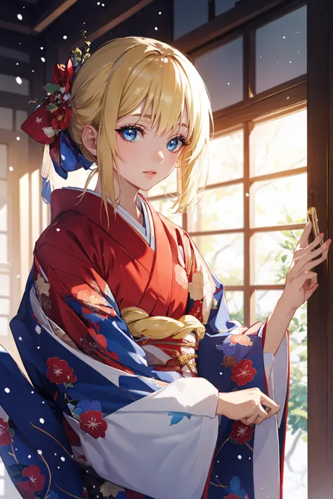 ((masterpiece)), (best quality), official art, extremely detailed CG, unity 8k wallpaper, ultra detailed, highly detailed, detailed background, vivid color, photorealistic, perfect lighting, best illumination,
1 girl, european girl, blue eyes, blonde hair,
red kimono, japanese clothes, floral print, long sleeves, cinematic lighting, beautiful eyes, perfect face, cute, dynamic pose, snow,
<lora:new_hefu_:0.6>