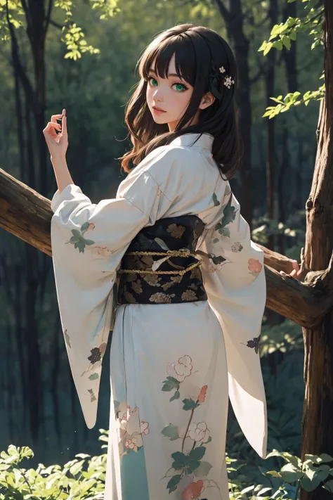 ((masterpiece)), (best quality), official art, extremely detailed CG, unity 8k wallpaper, ultra detailed, highly detailed, detailed background, vivid color, photorealistic, perfect lighting, best illumination,
1 girl, rin shibuya, black hair, (green eyes:1.5), long hair, BREAK,
white kimono, 
japanese clothes, long sleeves, cinematic lighting, beautiful eyes, perfect face, cute, 
dynamic pose, outdoors, forest, lake,  from behind, (barefoot:1.3),
 <lora:new_hefu_:0.6>,<lora:rinshibuyatest:1>