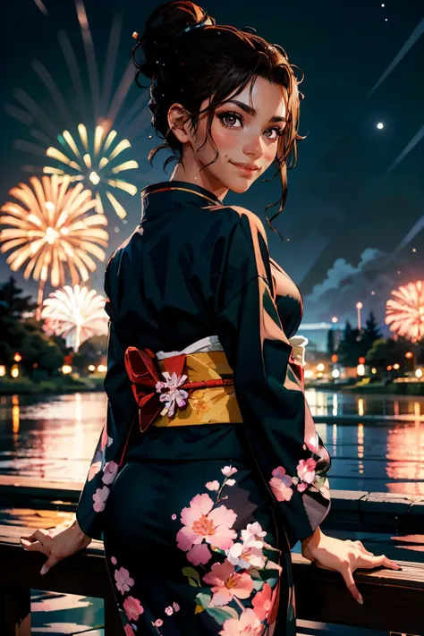 cyberpanam, brown eyes, brown hair, hair bun, wearing a black kimono, white floral pattern, long sleeves, looking back at viewer, smiling, happy, blush,
from_behind, leaning, on railing, outside, garden, pond, cherry blossom, fireworks, night time, moon, natural lighting, extreme detail, masterpiece, <lora:Kimono_V20:.6> <lora:CyberPanam:.8>