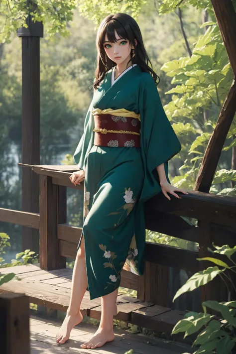 ((masterpiece)), (best quality), official art, extremely detailed CG, unity 8k wallpaper, ultra detailed, highly detailed, detailed background, vivid color, photorealistic, perfect lighting, best illumination,
1 girl, rin shibuya, black hair, (green eyes:1.5), long hair, BREAK,
yellow kimono,
japanese clothes, long sleeves, cinematic lighting, beautiful eyes, perfect face, cute,
dynamic pose, outdoors, forest, lake, from below, (barefoot:1.3),
<lora:new_hefu_:0.6>,<lora:rinshibuyatest:1>