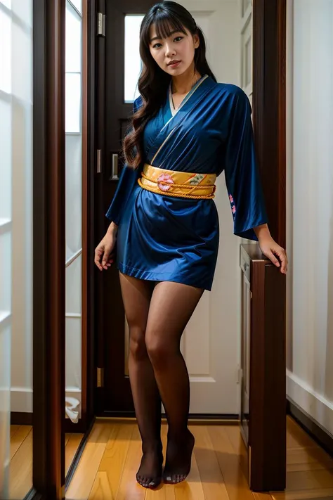 <lora:Kimono_V20:0.8>, <lora:RealPantyhose:0.8>, <lora:RealNylonFeets:0.6>, RAW photo, (wide angle portrait:1.2), woman standing, (blue kimono, short japanese dress), black RealPantyhose, RealNylonFeets, painted toes, (high detailed skin:1.2), wooden floor, 8k uhd, dslr, soft lighting, high quality, film grain, Fujifilm XT3