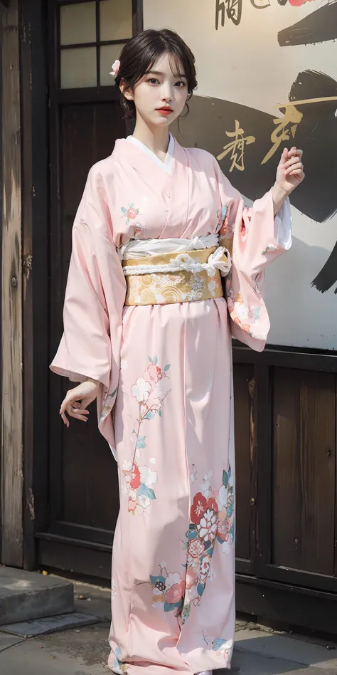 <lora:Kimono:0.7>,(pink kimono:1.2),(japanese clothes:1.2),(floral print),(long sleeves),1 girl,full body,(short hair),(realistic:1.7),((best quality)),absurdres,(ultra high res),(photorealistic:1.6),photorealistic,octane render,(hyperrealistic:1.2), (photorealistic face:1.2), (8k), (4k), (Masterpiece),(realistic skin texture), (illustration, cinematic lighting,wallpaper),( beautiful eyes:1.2),((((perfect face)))),(cute),(standing),red lips, outdoors,(japanese style countryard), <lora:JapaneseDollLikeness_v15:0.45>