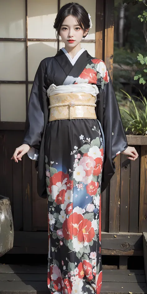 <lora:Kimono:0.7>,(black kimono:1.2),(japanese clothes:1.2),(floral print),(long sleeves),1 girl,full body,(short hair),(realistic:1.7),((best quality)),absurdres,(ultra high res),(photorealistic:1.6),photorealistic,octane render,(hyperrealistic:1.2), (photorealistic face:1.2), (8k), (4k), (Masterpiece),(realistic skin texture), (illustration, cinematic lighting,wallpaper),( beautiful eyes:1.2),((((perfect face)))),(cute),(standing),red lips, outdoors,(japanese style countryard),  <lora:JapaneseDollLikeness_v15:0.45>