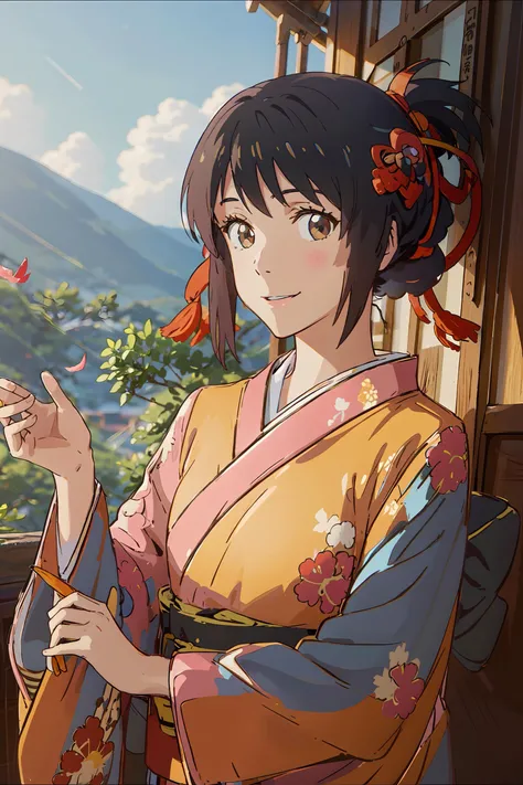 <lora:Kimono:0.7>,<lora:miyamizu_mitsuha:0.7>,(yellow/blue/green/white/black/red/pink kimono:1.2),(japanese clothes:1.2),(floral print),(long sleeves),miyamizu_mitsuha,1 girl,solo,(upper body),(smile),black hair,looking at viewer,outdoors,(light rays:1.2),(sun:1.2),(blue sky:1.1), park,flowers,lawn,trees,