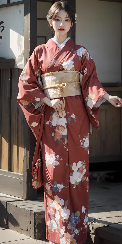 <lora:Kimono:0.7>,(red kimono:1.2),(japanese clothes:1.2),(floral print),(long sleeves),1 girl,full body,(short hair),(realistic:1.7),((best quality)),absurdres,(ultra high res),(photorealistic:1.6),photorealistic,octane render,(hyperrealistic:1.2), (photorealistic face:1.2), (8k), (4k), (Masterpiece),(realistic skin texture), (illustration, cinematic lighting,wallpaper),( beautiful eyes:1.2),((((perfect face)))),(cute),(standing),red lips, outdoors,(japanese style countryard), <lora:JapaneseDollLikeness_v15:0.45>