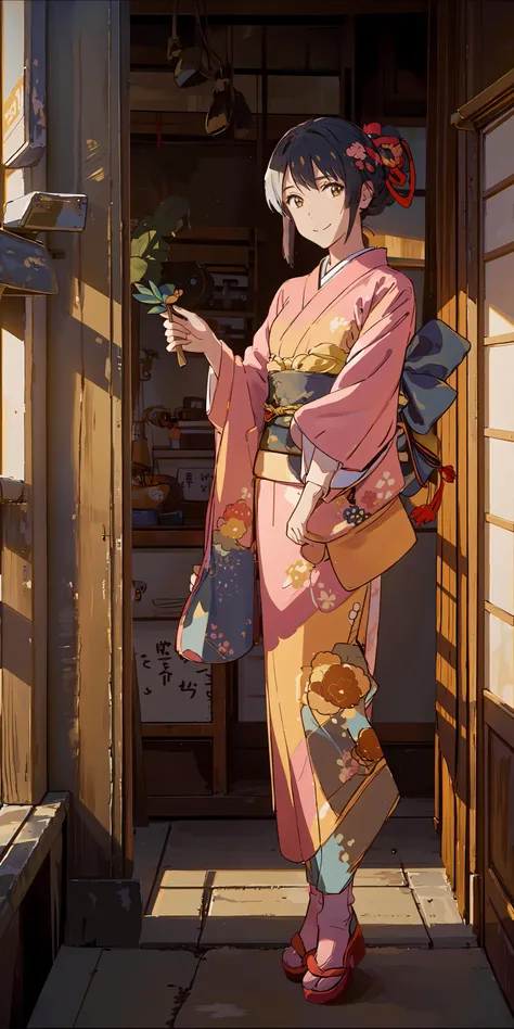 <lora:Kimono:0.7>,<lora:miyamizu_mitsuha:0.7>,(yellow/blue/green/white/black/red/pink kimono:1.2),(japanese clothes:1.2),(floral print),(long sleeves),miyamizu_mitsuha,1 girl,solo,(full body),(smile),(holding hair:1.2),looking at viewer,outdoors,(light rays:1.2),(sun:1.2),(blue sky:1.1), park,flowers,lawn,trees,