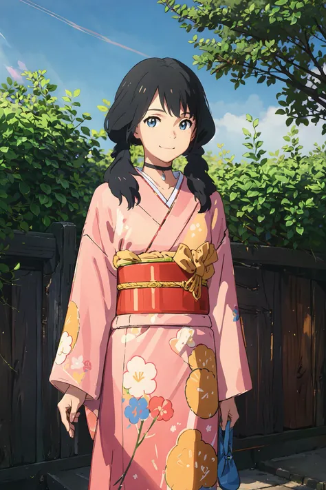 <lora:Kimono:0.7>,<lora:Amano_Hina:0.7>,(yellow/blue/green/white/black/red/pink kimono:1.2),(japanese clothes:1.2),(floral print),(long sleeves),amano_hina, 1 girl, solo,(smile),(standing),(upper body),twin tails, long black hair, blue eyes,black choker,outdoors,(light rays:1.2),(sun:1.2),(blue sky:1.1), park,flowers,lawn,trees,