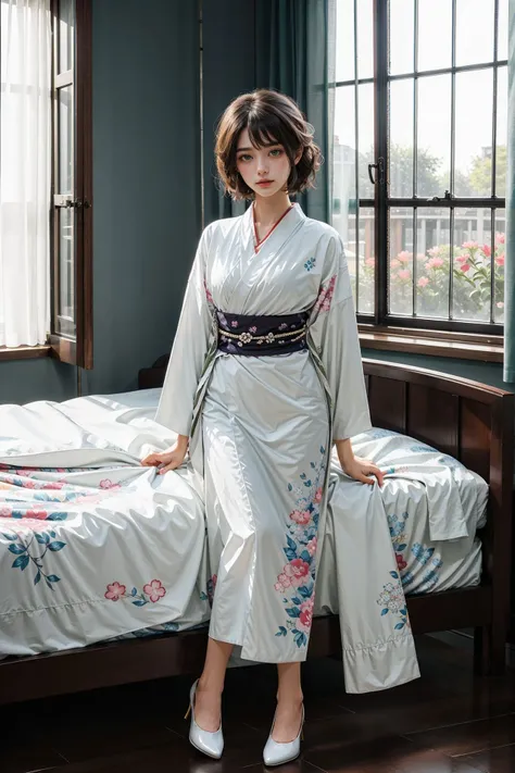 <lora:Kimono_V20:0.85>, 1girl, (white kimono), (floral print), long sleeves, short hair, full body, sitting on the bed, (cowboy shot),(masterpiece, high quality, best quality), (colorful),(delicate eyes and face), volumatic light, ray tracing, extremely detailed CG unity 8k wallpaper,solo, ((flying petal)), indoors, window, blinds, sunlight, potted flowers, bedroom, bed,