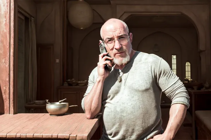 bald man talking on the phone, in a house in morocco. MortNobody_P.