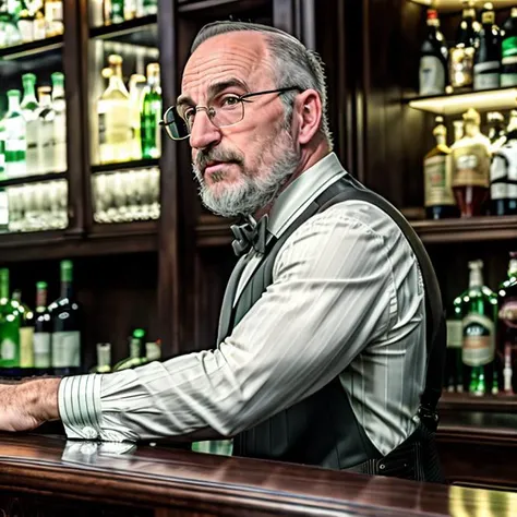 masterpiece, best quality, ultra-detailed, photo of MortNobody15 man making drinks in a 1920s bar. Bartender, mobsters, Speakeasy, Sharp focus, 4k