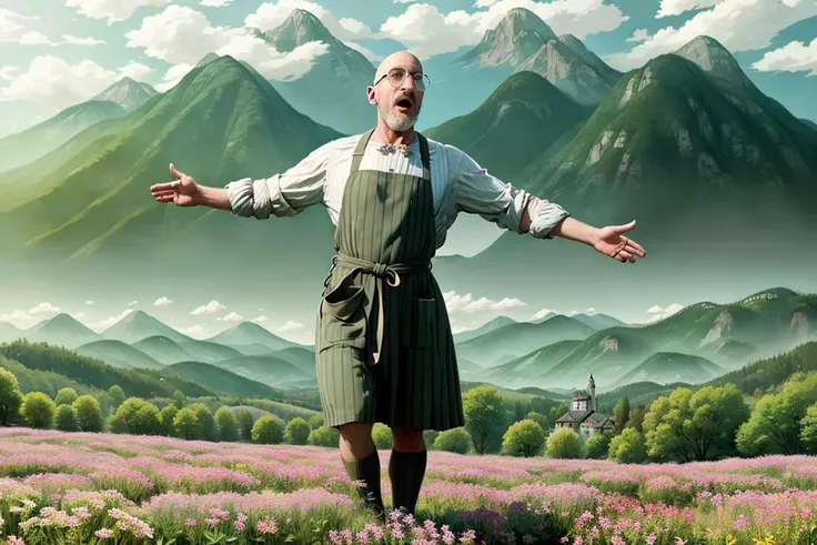 bald man singing in a meadow in a dress and apron, mountains behind him. Sound of music, MortNobody_P.