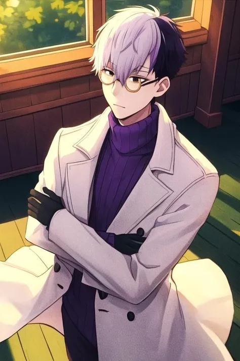 <lora:Tsuchigomori:0.7> masterpiece, best quality, solo, 1boy, white hair, purple hair, multicolored hair, male focus, glasses, black gloves, turtleneck, white coat, crossed arms, indoors, window, sunlight,