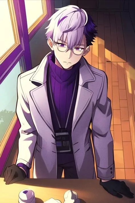 <lora:Tsuchigomori:0.7> masterpiece, best quality, solo, 1boy, purple eyes, white hair, purple hair, multicolored hair, male focus, glasses, black gloves, turtleneck, white coat, indoors, window, sunlight, kiseru, steam,