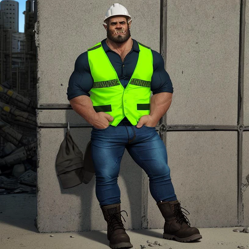 male, orc, construction site, hi viz vest, jeans, work boots, <lora:GayOrc:1>