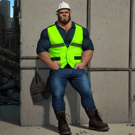 male, orc, construction site, hi viz vest, jeans, work boots, <lora:GayOrc:1>