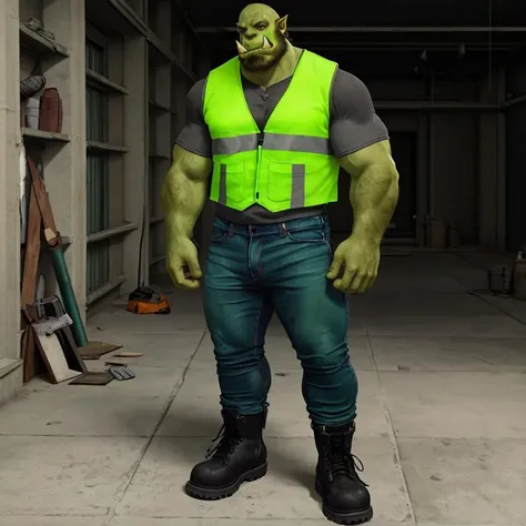 male, orc, ((green skin)), construction site, hi viz vest, jeans, work boots, <lora:GayOrc:1>