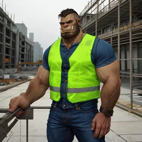 male, orc, construction site, hi viz vest, jeans, work boots, <lora:GayOrc:1>