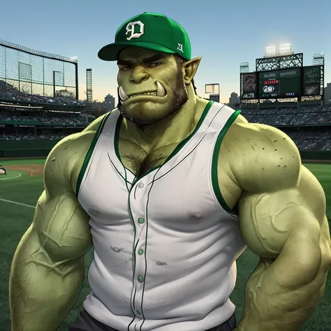 male, orc, ((green skin)), athletic shorts, (backwards facing baseball hat), (baseball bat), letterman jacket, white sleeveless shirt, tough, handsome, hairy arms, hairy chest, <lora:GayOrc:1>, outside, baseball field