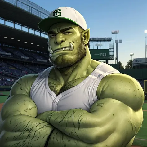 male, orc, ((green skin)), athletic shorts, (backwards facing baseball hat), (baseball bat), letterman jacket, white sleeveless shirt, tough, handsome, hairy arms, hairy chest, ((smirk)), <lora:GayOrc:1>, outside, baseball field