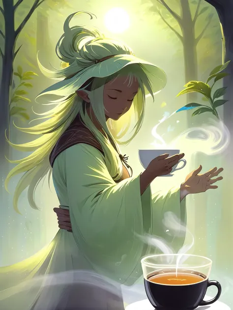 A tranquil tea spirit, steaming and aromatic, hovering over a freshly brewed cup in the early morning.<lora:EnvySpiritXL01-humanoid:1>