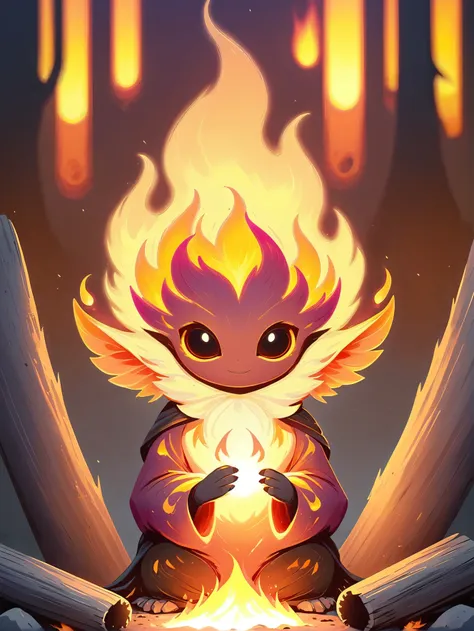 A tiny fire spirit, glowing with warm orange hues, nestled within the embers of a campfire.<lora:EnvySpiritXL01-humanoid:1>