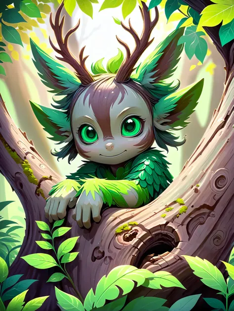 A mischievous forest spirit, camouflaged among the vibrant green leaves, peeking out from behind a tree trunk.<lora:EnvySpiritXL01-humanoid:1>