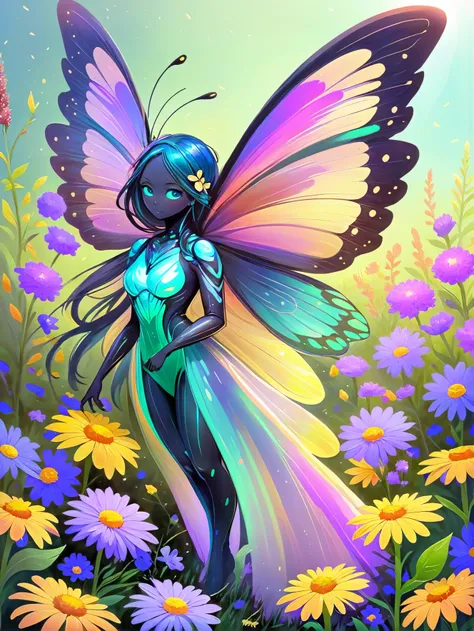 A vibrant butterfly spirit, with iridescent wings, fluttering among a field of wildflowers.<lora:EnvySpiritXL01-humanoid:1>