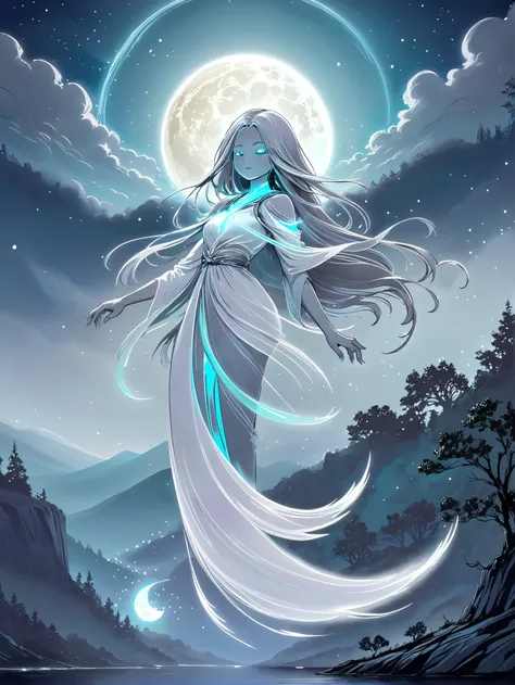 A luminous moon spirit, with silvery trails, hovering over a tranquil night landscape.<lora:EnvySpiritXL01-humanoid:1>