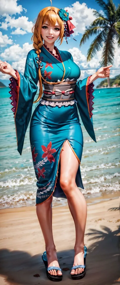 looking_at_viewer,Smile,
<lora:(upWQlN;#}P)OiSh<.pecorine_v1>,
bbpeco,ahoge,single braid,hair over shoulder,hair ornament,hair flower,blue flower,
fur trim,japanese clothes,blue kimono,print kimono,wide sleeves,obi,sandals,
standing,full body,
outdoors,day,sky,blue sky,cloud,beach,ocean,tree,sand,palm tree,
<lora:[uk]SJ[[Ro+h<.1670393268134119576:0.25>,
SEMI-REALISTIC ANIME,