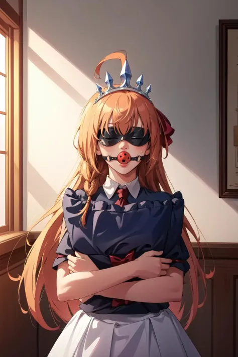 (masterpiece, best quality), intricate details,
1girl, <lora:pecorine_v1:0.8> aapeco, very long hair, ahoge, braid, tiara, hair ribbon,
sweating,
<lora:ballgagv2.0:1> ball gag, blindfold, indoors, <lora:pillow_v3-000010:0.8> pillow hug,