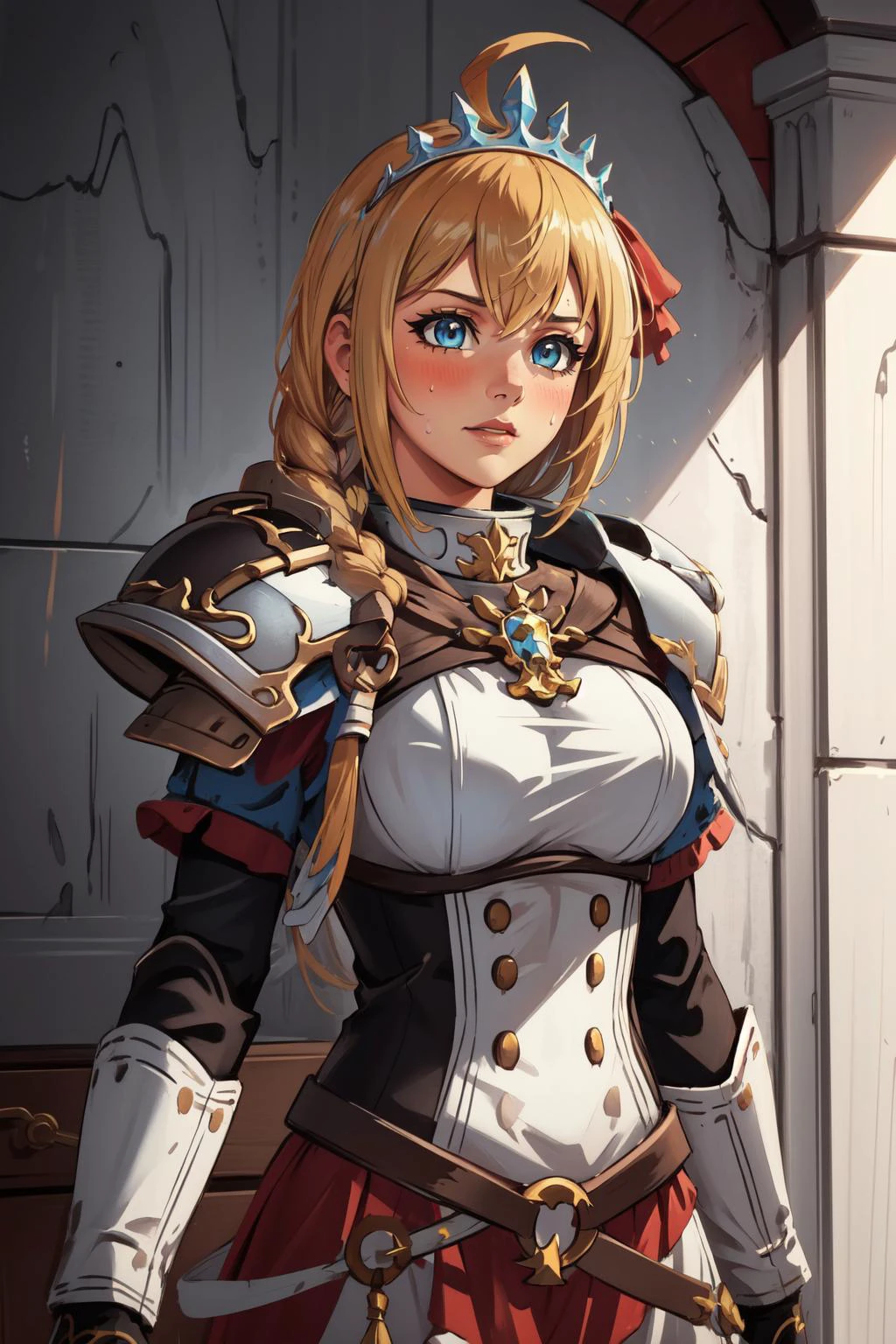 (masterpiece, best quality), intricate details,
1girl, <lora:pecorine_v1:0.8> aapeco, very long hair, ahoge, braid, tiara, hair ribbon,
sweating,
<lora:edgWar40KAdeptaSororitas:0.8> edgAdepta, ,wearing edgAdepta,power armor,shoulder armor,skull emblem,