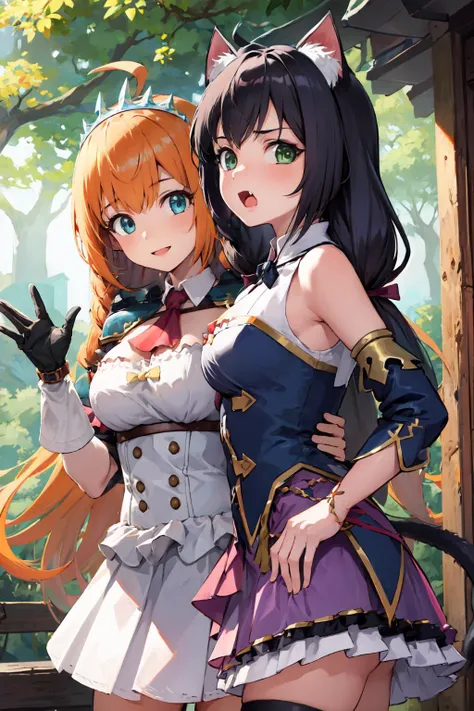 2girls, looking at viewer, village, forest BREAK, masterpiece, best quality, highres, <lora:GoodHands-vanilla:1> nice hands, perfect hands ADDCOMM, 1girl, <lora:pecorine_v1:1> aapeco, very long hair, ahoge, braid, tiara, hair ribbon, red ascot, cleavage, shrug (clothing), shoulder armor, white dress, short sleeves, white gloves, pleated skirt, red skirt, waving, smile BREAK, 1girl, <lora:karyl_v1:0.9> karylaa, two-tone hair, low twintails, green eyes, fang, cat tail, sleeveless shirt, bare shoulders, blue sleeves, jewelry, purple skirt, black thighhighs, embarrassed, surprised, hand on own hip, cat ears