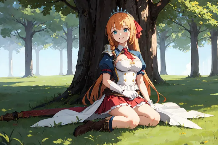 <lora:pecorine_v1:0.7> aapeco, very long hair, ahoge, braid, tiara, hair ribbon, red ascot, cleavage, shrug (clothing), shoulder armor, white dress, short sleeves, white gloves, pleated skirt, red skirt, (smile:0.8), sword, sitting on grass, tree, tree, tree shade, boots, masterpiece, best quality, highres, <lora:GoodHands-vanilla:1> nice hands, perfect hands