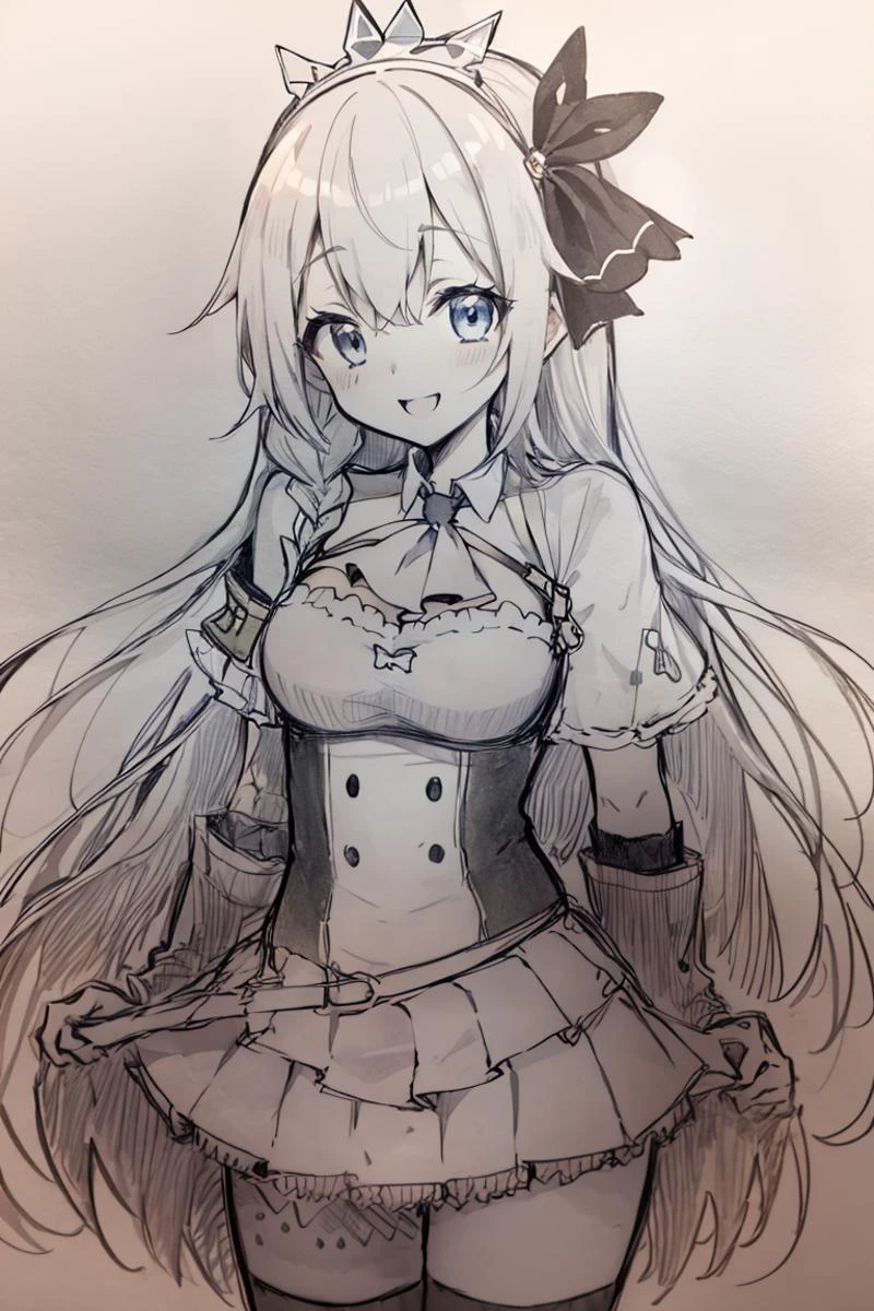 <lora:Pencil_Sketch_Dim64_SD-05:1>,(Pencil_Sketch:1.2, (messy lines:1), greyscale, traditional media, sketch), unfinished, hatching (texture), <lora:pecorine_v1:0.7>, aapeco, very long hair, ahoge, braid, tiara, hair ribbon, ascot, cleavage, shrug (clothing), shoulder armor, white dress, short sleeves, white gloves, pleated skirt, skirt, cowboy shot, smile,