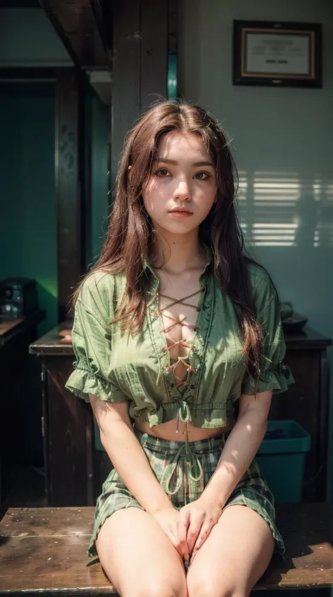 analogue photography of (girl, 20 years old:1.3), (very muscular body type:1.1), sitting, (wearing green blouse with multiple laces:1.2), cross-laced clothes, <lora:CrossLaced:1>, <lora:add_sharpness:0.5>, (violet long hair:1.2), <lora:epiNoiseoffset_v2-pynoise:0.6>, flat lighting, (soft saturation:1.2), <lora:photoblend:0.4>, (pastel crimson neon lights:1.1), <lora:lora_NeonNight:0.8>, <lora:eyeliner_v1:0.9>,