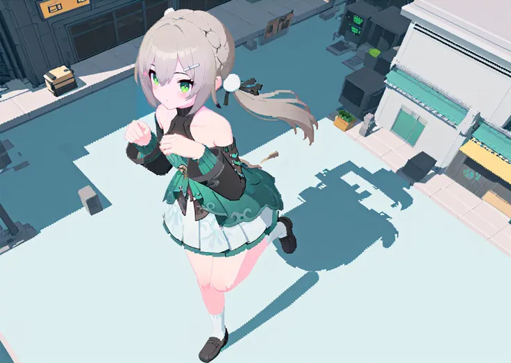 (city), (cyberpunk), solo, 3d, pixel art, 
paw pose, hands up, dynamic pose, running, from above, 
qingque60, digital art, 
1girl, solo, 
grey hair, twintails, pom pom hair ornament,
own hands together,
detached sleeves, long sleeves,
green dress, white skirt,
bare legs,
white socks,
black loafers,
green eyes, blush, =_=, expressionless,  full body, 
<lora:qingque60-you-014:0.65>