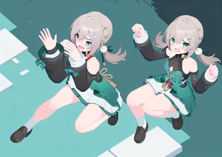 city, cyberpunk,
sitting, jumping, paw pose, hands up, dynamic pose, running, from above,
qingque60, digital art, impasto, pixel art,
1girl, solo, full body, green eyes, blush, tearing up, crying, fang, shouting,
grey hair, twintails, pom pom hair ornament,
own hands together,
detached sleeves, long sleeves,
green dress, white skirt,
bare legs,
white socks,
black loafers,
<lora:qingque60-you-014:0.65>
<lora:a31_style_koni-000010:1>