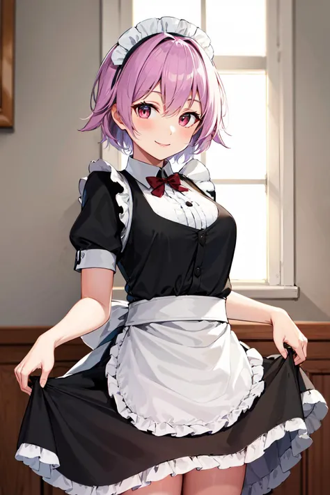 masterpiece, best quality, highres, aatama, short hair, <lora:tama_(kancolle)_v1:0.7>, maid, maid headdress, smile, indoors, skirt hold,