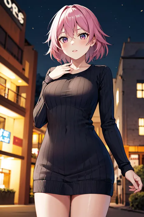 ((1girl)),((alone)),mina ashido,(masterpiece), (best quality), (ultra detailed), (best illustration), (best shadow), (absurdities), sharp focus, cowboy shot , dynamic posture looking at the viewer, big breasts, narrow waist, wide hips, wide thighs, round butt, erotic, romantic, (very detailed eyes, lips 1.1), very detailed eyes, eyes, Very detailed face, Very beautiful face, height complete, beautiful slim figure, femininity, expressive appearance, big elastic breasts, sexuality, pink skin, pink hair, short hair, horns,((yellow eyes)),((black sclera)),((yellow irises)),( (black pupil)), ((shorts)), ((bare shoulders:1.3)), ((sweater)), hand on hip,((black shorts:1.3)),((sweater with long sleeves: 1.2)), ((tight pants)), ((purple sweater:1.4)), ((tight sweater)), (socks: 1.2), (black socks: 1.1), ((brown loafers:1.2)), body defined, Perfect and beautiful body, perfect and beautiful, closed mouth, smile, happy smile, blushing, (sexy pose: 1.2), ((solo)), standing: 1.3, outdoor, cityscape, streets, city, night, lights of the city, looking forward, ((focus on breasts)), point of view: (from the middle), perfect anatomy, perfect hands