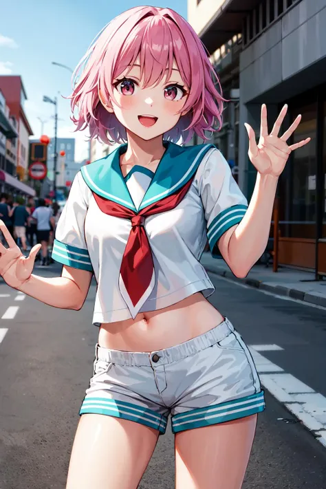 masterpiece, best quality, highres, aatama, short hair, blue sailor collar, red neckerchief, white shirt, short sleeves, navel, white shorts, <lora:tama_(kancolle)_v1:0.7>, standing, cowboy shot, street, smile, open mouth, waving,