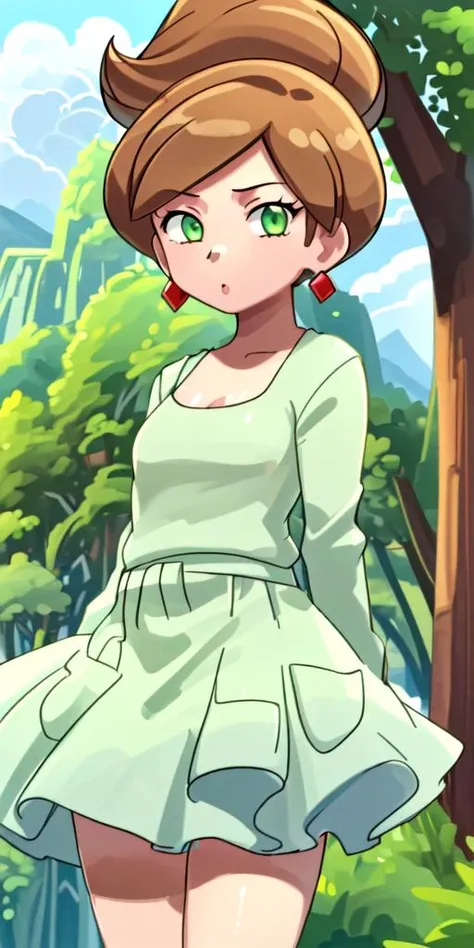 (Ultra-HD-details, bodily-equalities) 1girl, <lora:PKMN_Juniper-DEF:1> juniper, short-hair, green-eyes, earrings, brown-hair, outdoors, cutesie