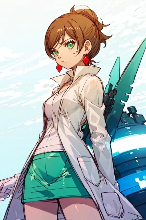 solo, <lora:PKMN_Juniper-DEF:0.7> Juniper, green eyes, short hair, earrings, lab coat, white shirt, green skirt, <lora:NakayamaTooru:1> sketch, mecha,, ultra detailed, masterpiece, best quality, aesthetic, detailed,