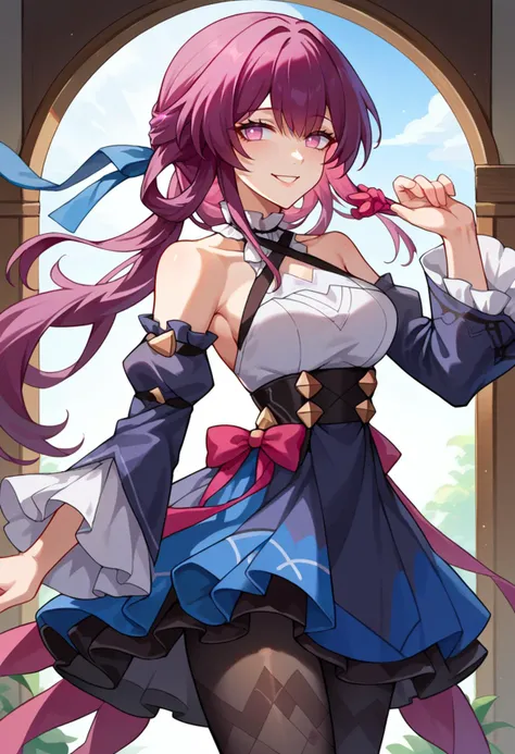 score_9, score_7_up, source_anime, solo, come hither, smile, cowboy shot, BREAK <lora:pony_char_kafka_(honkai_star_rail):1> kafka (honkai: star rail), hair ribbon, frilled choker, criss-cross halter, sleeveless dress, high-waist skirt, backless dress, blue dress, waist blue bow, detached sleeves, frilled sleeves, wide sleeves, blue sleeves, black pantyhose, patterned legwear, pinstripe pantyhose, mary janes, layered dress,